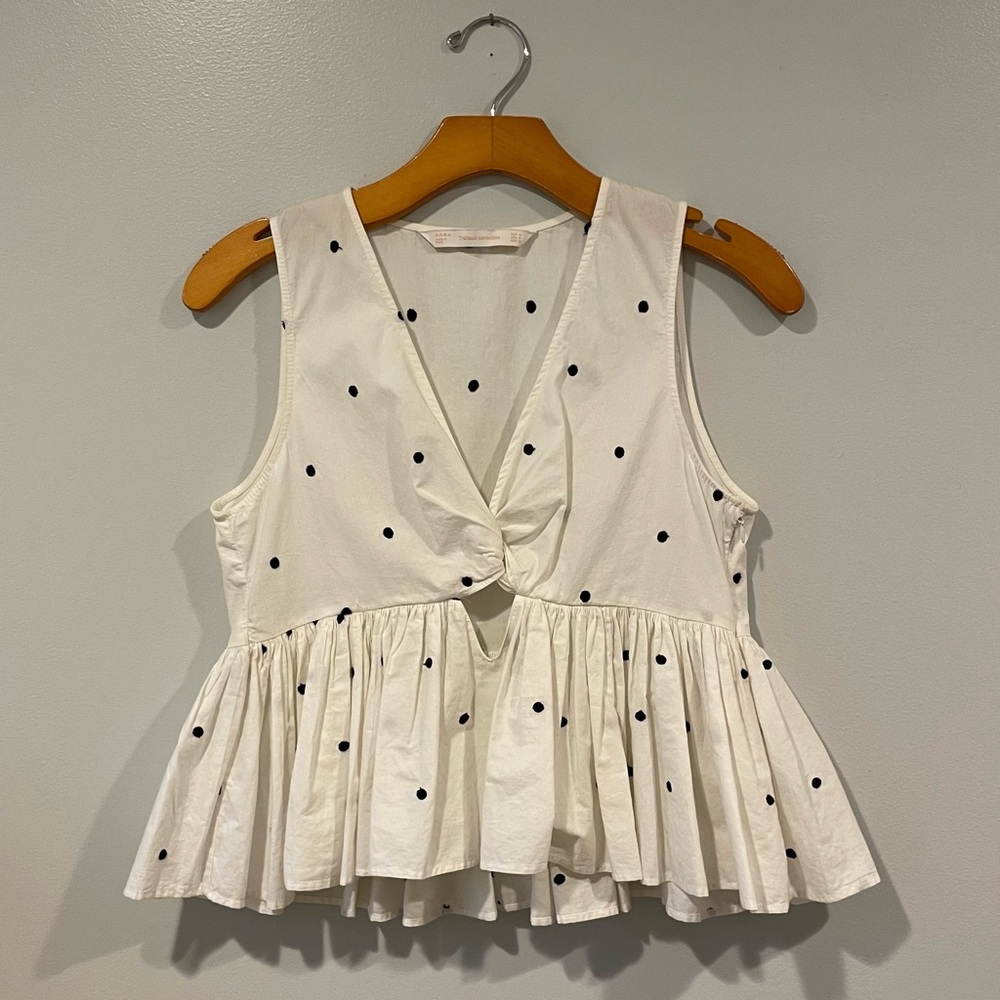 Zara White Peplum Top with Black Dots